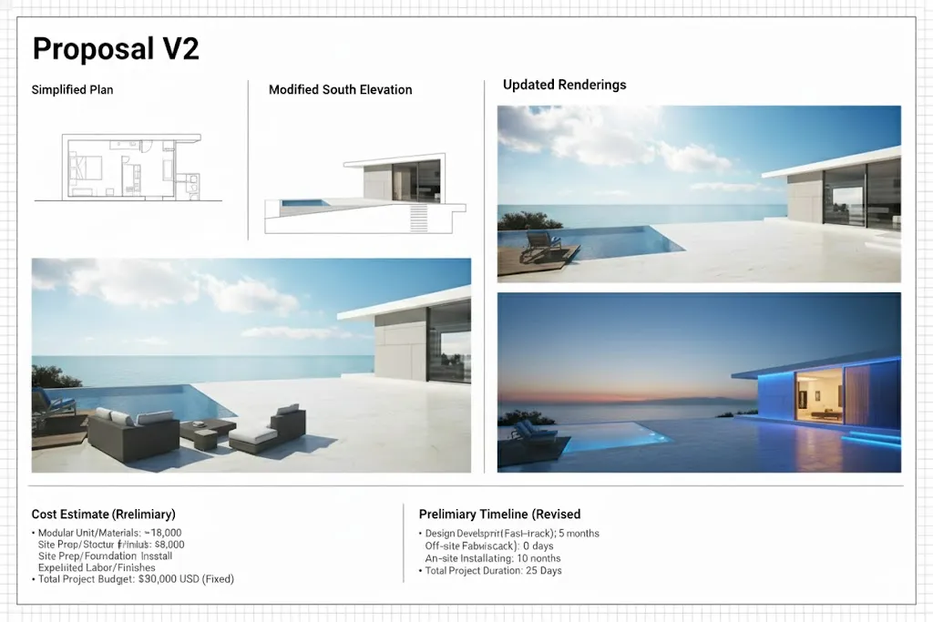 Entwurfs- und Bauzeichnungen für ein australisches Strandhotel – Vorschlag V1