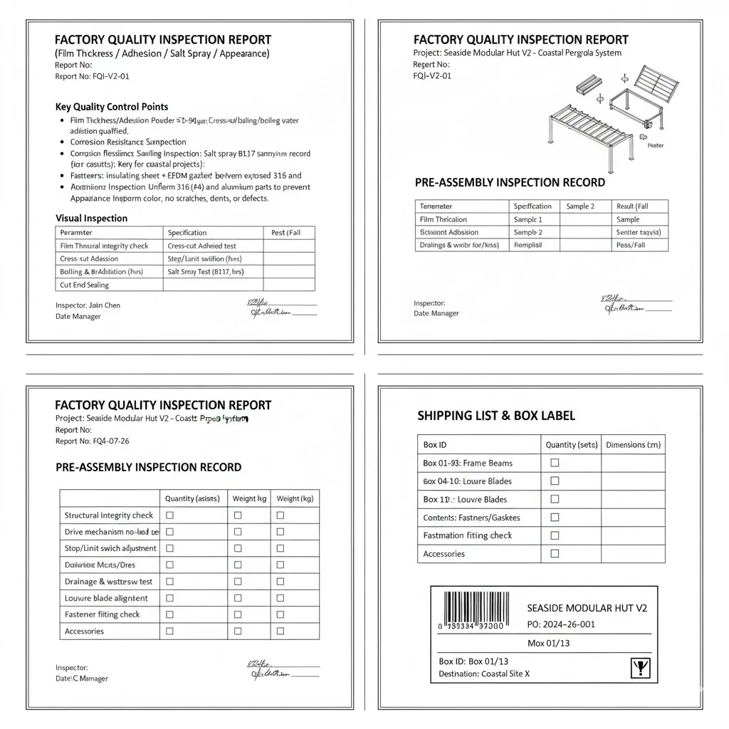Qualitätsprüfungsbericht für Aluminiumpergolen (einschließlich Filmdicke, Haftung und Salzgehalt)