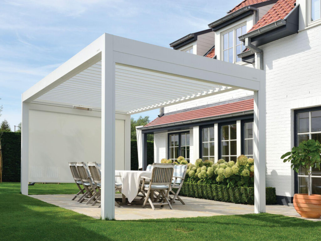 white pergola in the garden