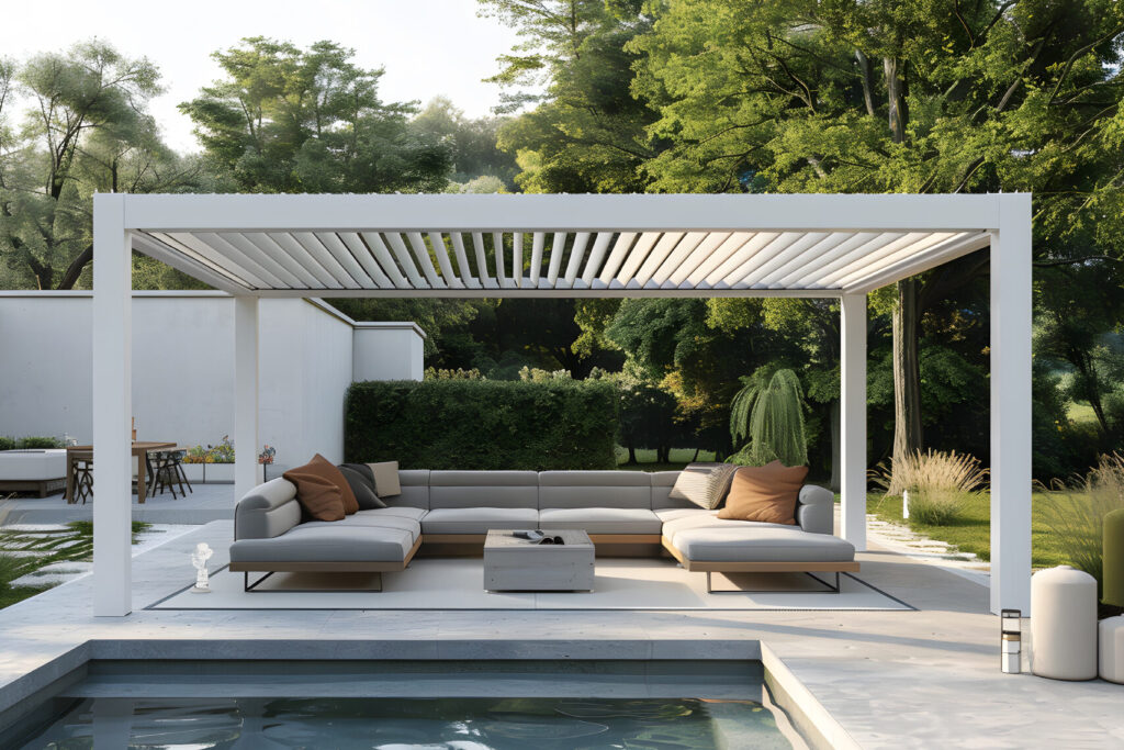 white aluminum pergola in a garden with swimming pool