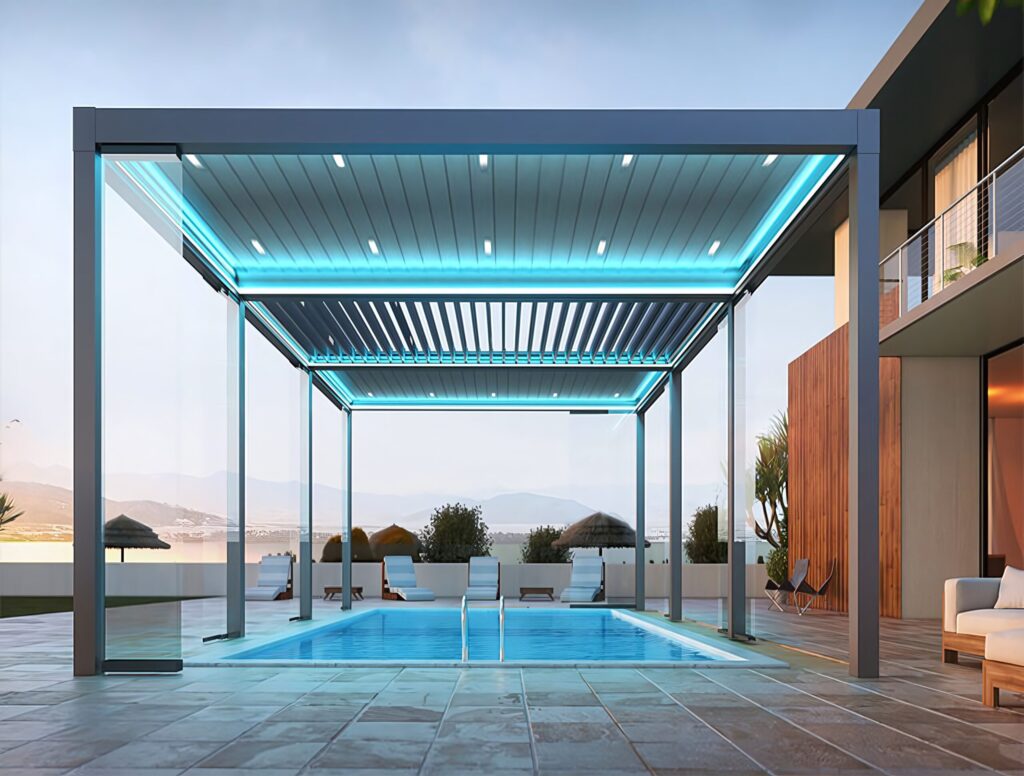 Louvered Pergola vs Retractable Roof Pergola: Which One Is Right for You? 6 Picture of the pergola beside the family swimming pool
