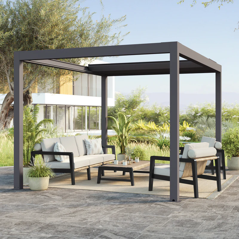 Pictures of outdoor scenes using retractable pergolas