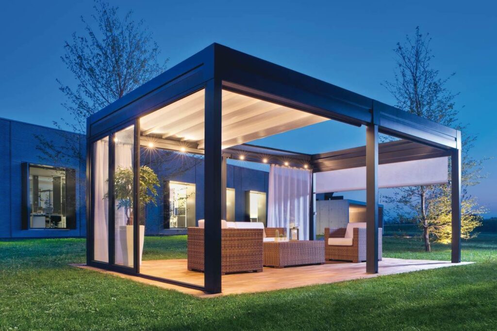 Summer night view of the retractable pergola