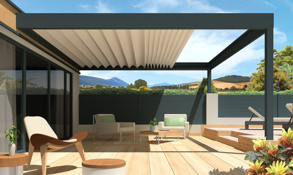 Louvered Pergola vs Retractable Roof Pergola: Which One Is Right for You? 7 Front view of the retractable aluminum sunshade awning