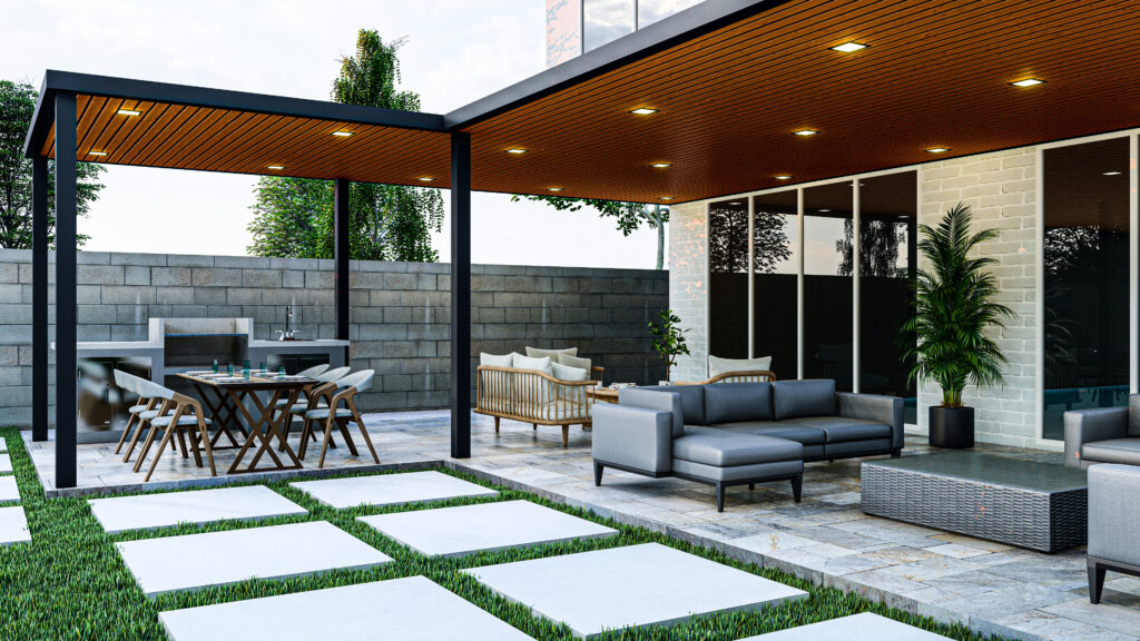 10 High-Tech-Pergola-Funktionen, die das volle Potenzial des Lebens im Freien freisetzen 6 3D-Modellierung Rendering Pergola Sitzbereich Design