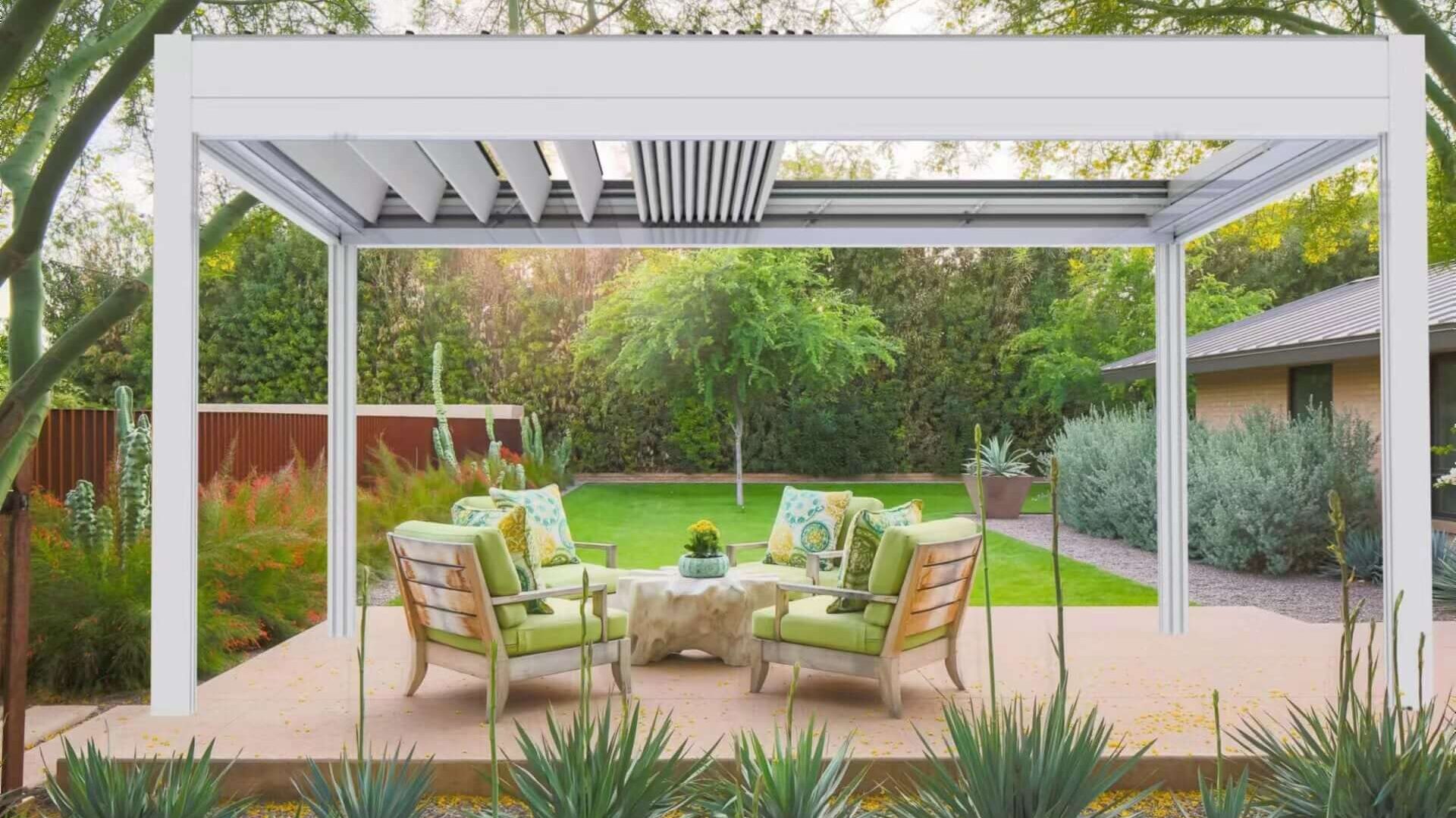 10 High-Tech-Pergola-Funktionen, die das volle Potenzial des Lebens im Freien freisetzen 7 weiße Aluminiumpergola im Garten