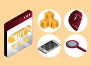 online shopping, website buy button with boxes delivery mobile location and search icons isometric