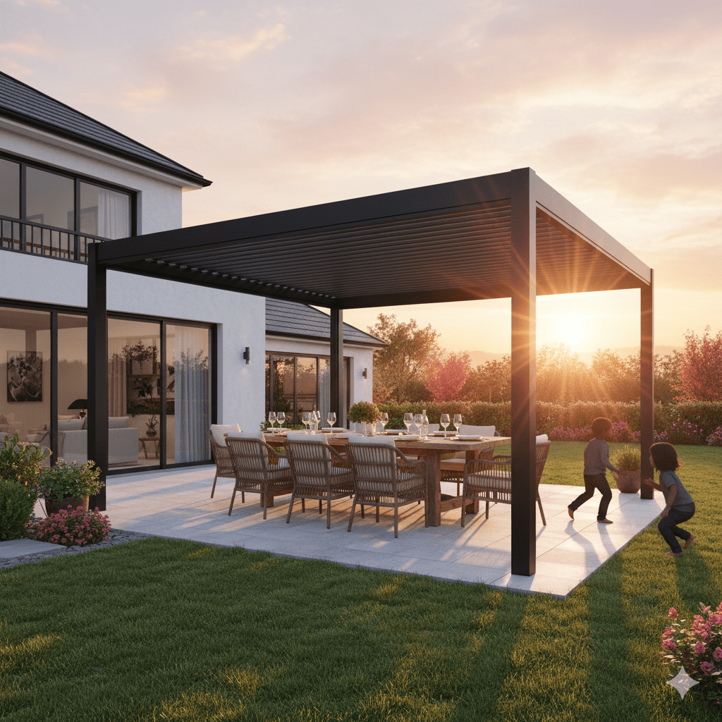 Under the 12'x16' aluminum pergola, there is a dining table for 8 people, and two children are playing nearby