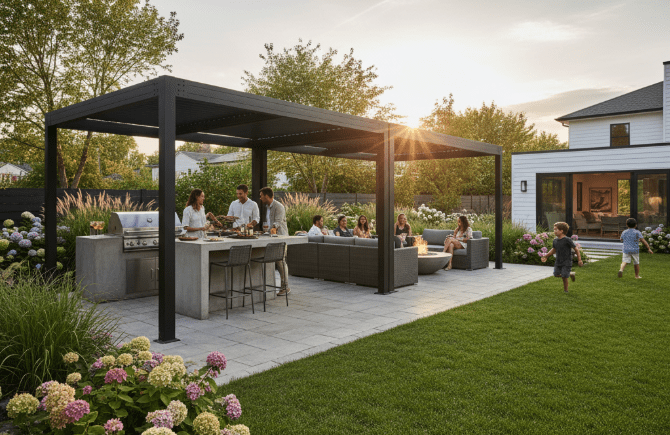 A spacious pergola houses an outdoor kitchen at one end and a sofa seating area surrounding a fire pit at the other.