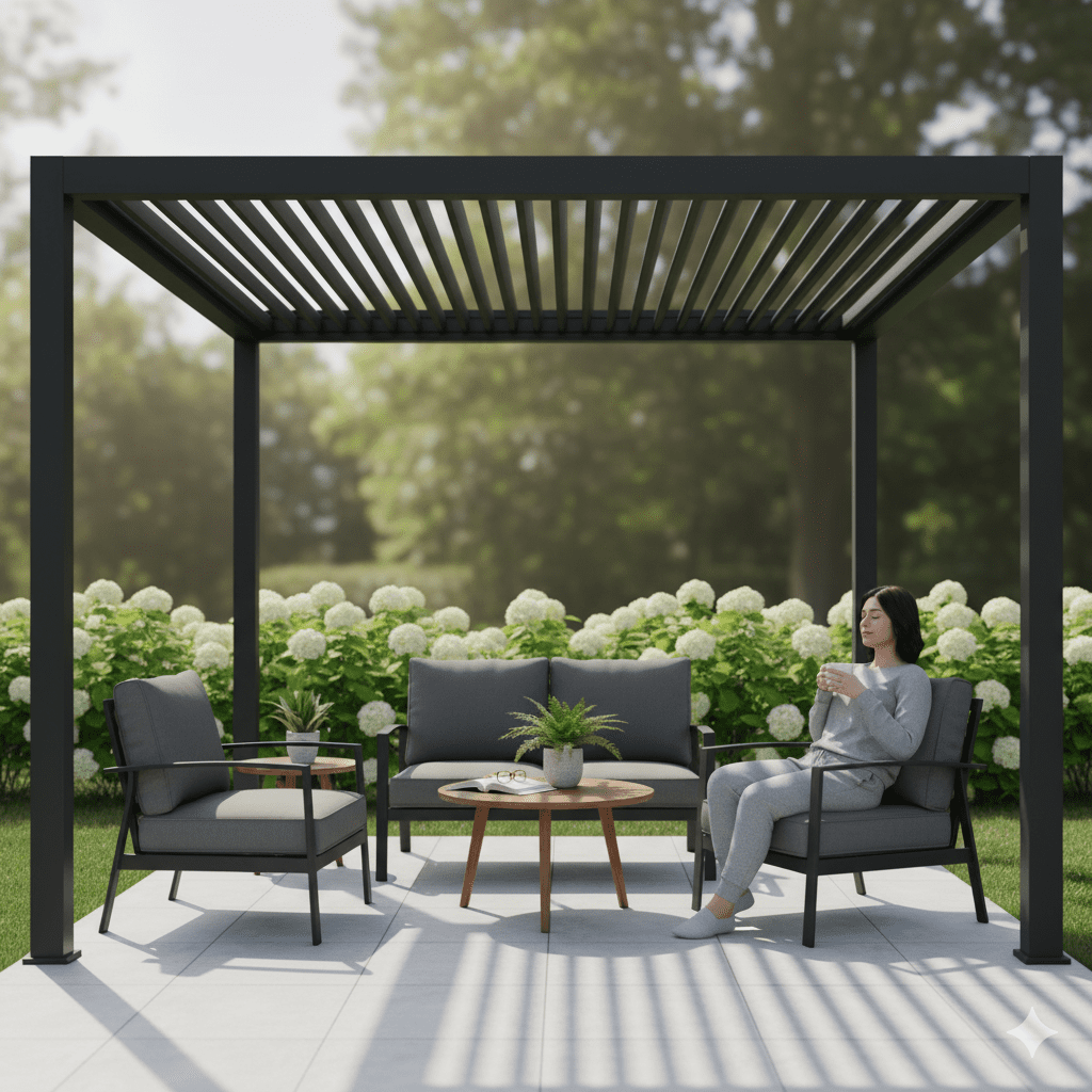 A cozy 10'x12' patio space is designed as a private relaxation nook for 2 to 4 people.