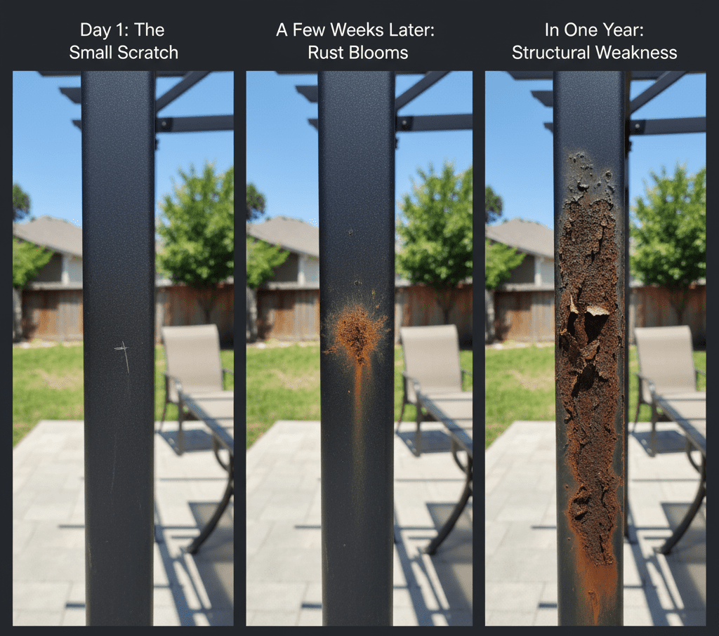 Steel pergola post corrosion from scratch to severe rust over one year