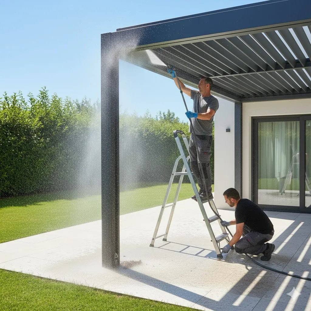 Una persona está utilizando un chorro de agua a alta presión para lavar los pilares de la pérgola.