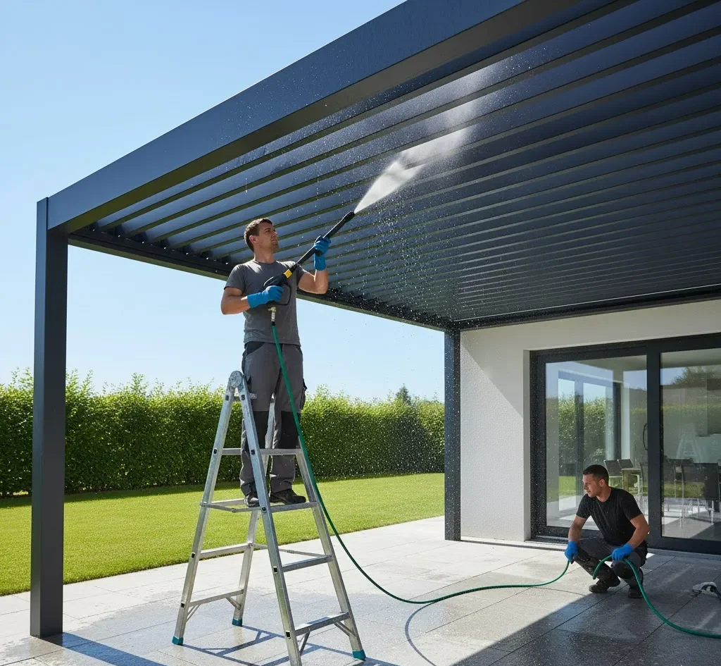Imagen de una persona limpiando lamas de aluminio para un parasol