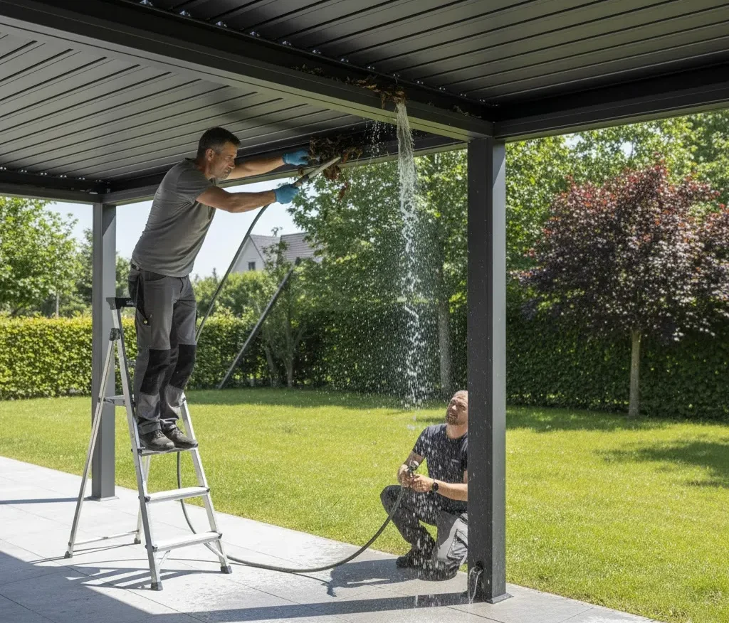 Preparación de la pérgola de aluminio y limpieza de los canales de drenaje