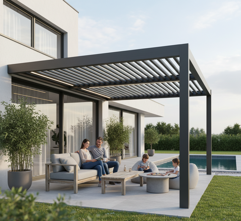 A beautifully designed aluminum pergola seamlessly connects to the backyard of a modern home, allowing the family to relax underneath.