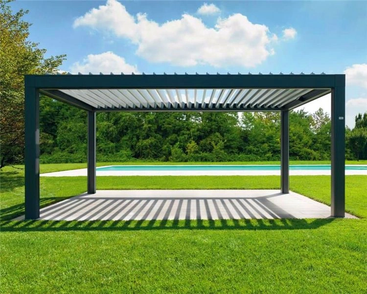 A louvered pergola sits on the lawn