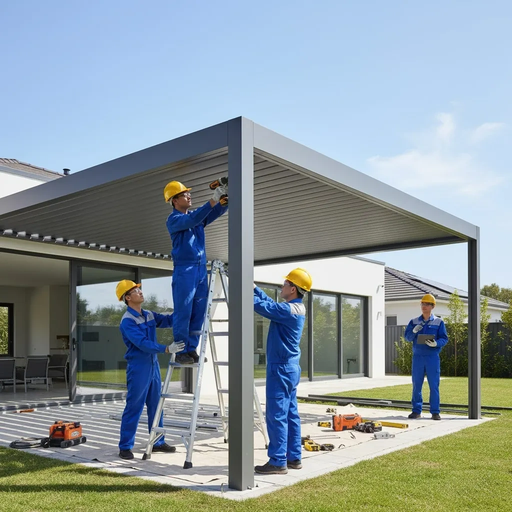 Un pequeño equipo de instalación está montando la pérgola.