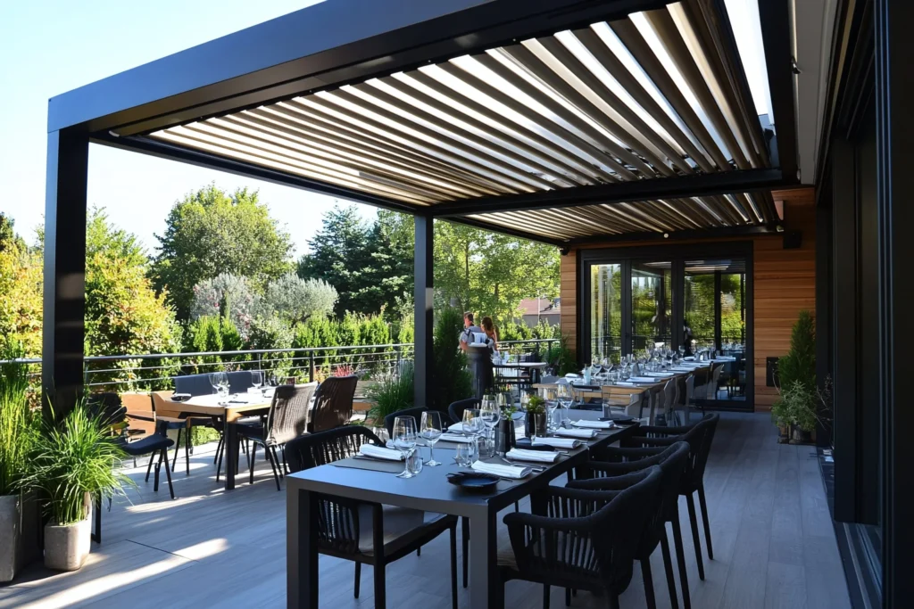 Aluminum pergola effect display for outdoor restaurant of American customers
