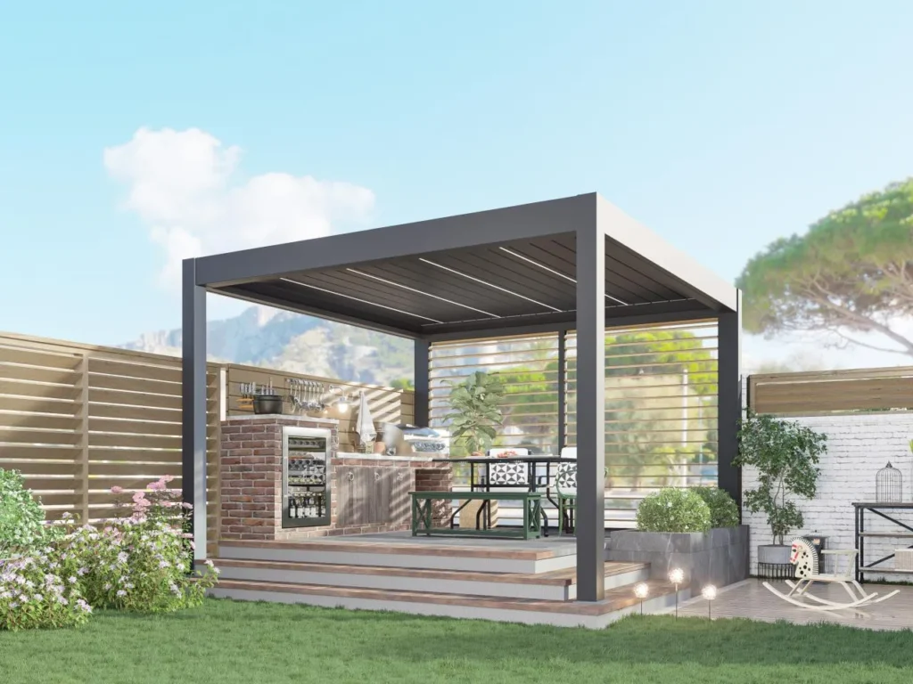 Aluminum pergola is placed in a corner of the yard