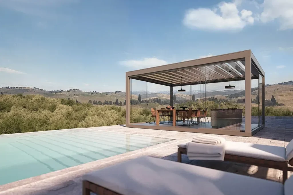 Brown adjustable pergola installed next to the pool