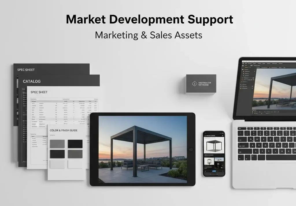 Material de apoyo al desarrollo de mercado y recursos de marketing y ventas, incluyendo imágenes de alta resolución, fichas técnicas, dibujos CAD, referencias de color, vídeos explicativos y vídeos del proceso de instalación.