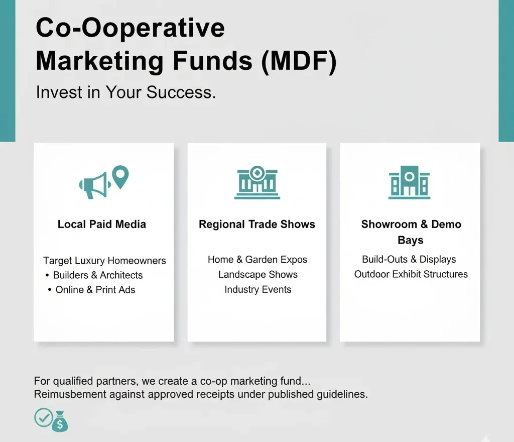 Ilustración de los Fondos de Desarrollo de Marketing (MDF), que muestra cómo se pueden asignar los fondos a medios de pago locales, ferias comerciales regionales y construcción de salas de exposición.