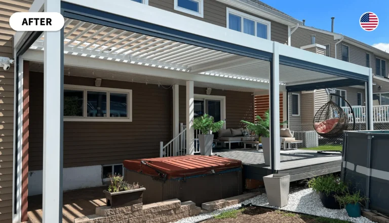 Picture of white electric pergola after installation by American customer