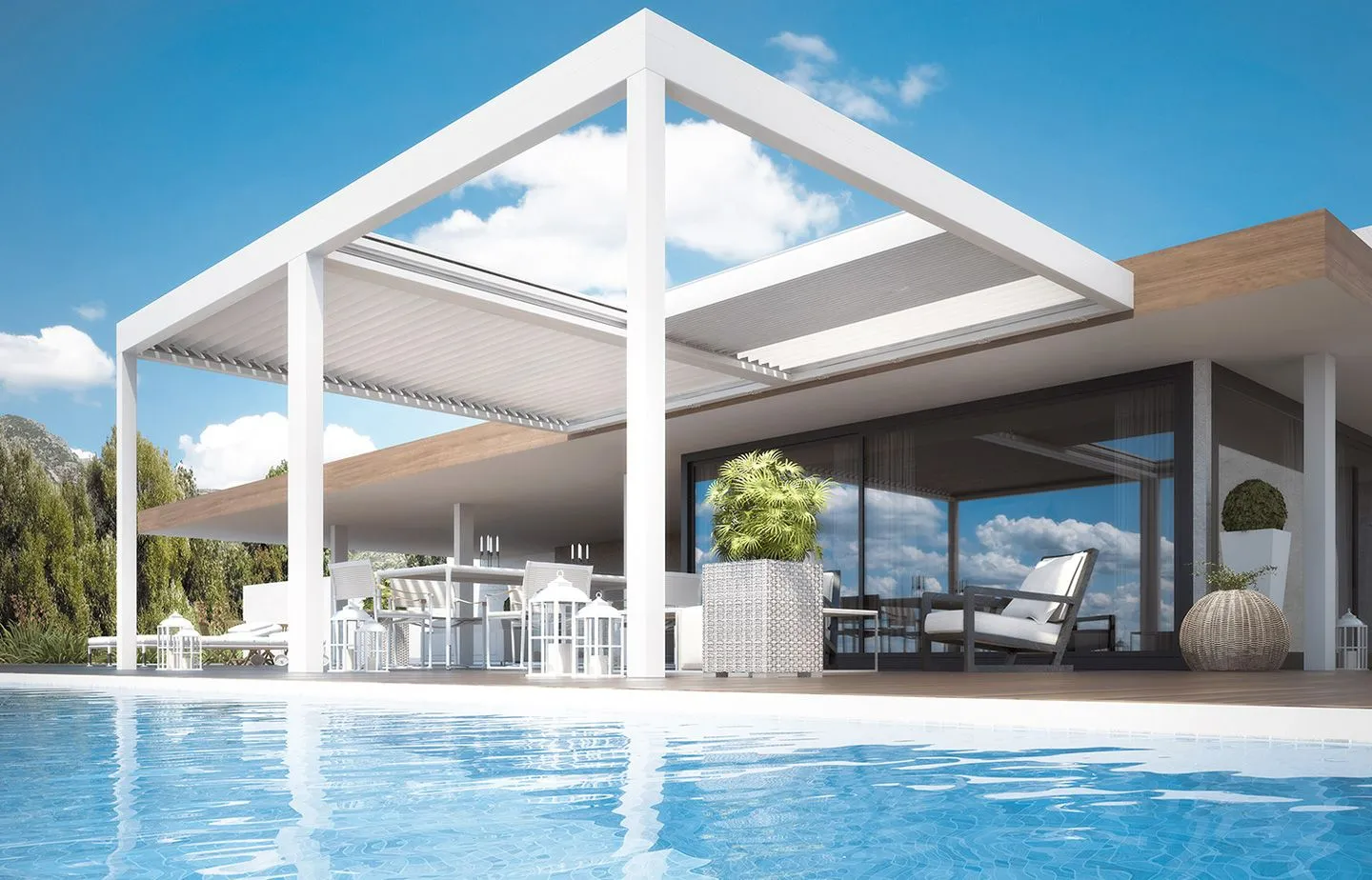 Retractable 2220R series aluminum pergola next to the pool
