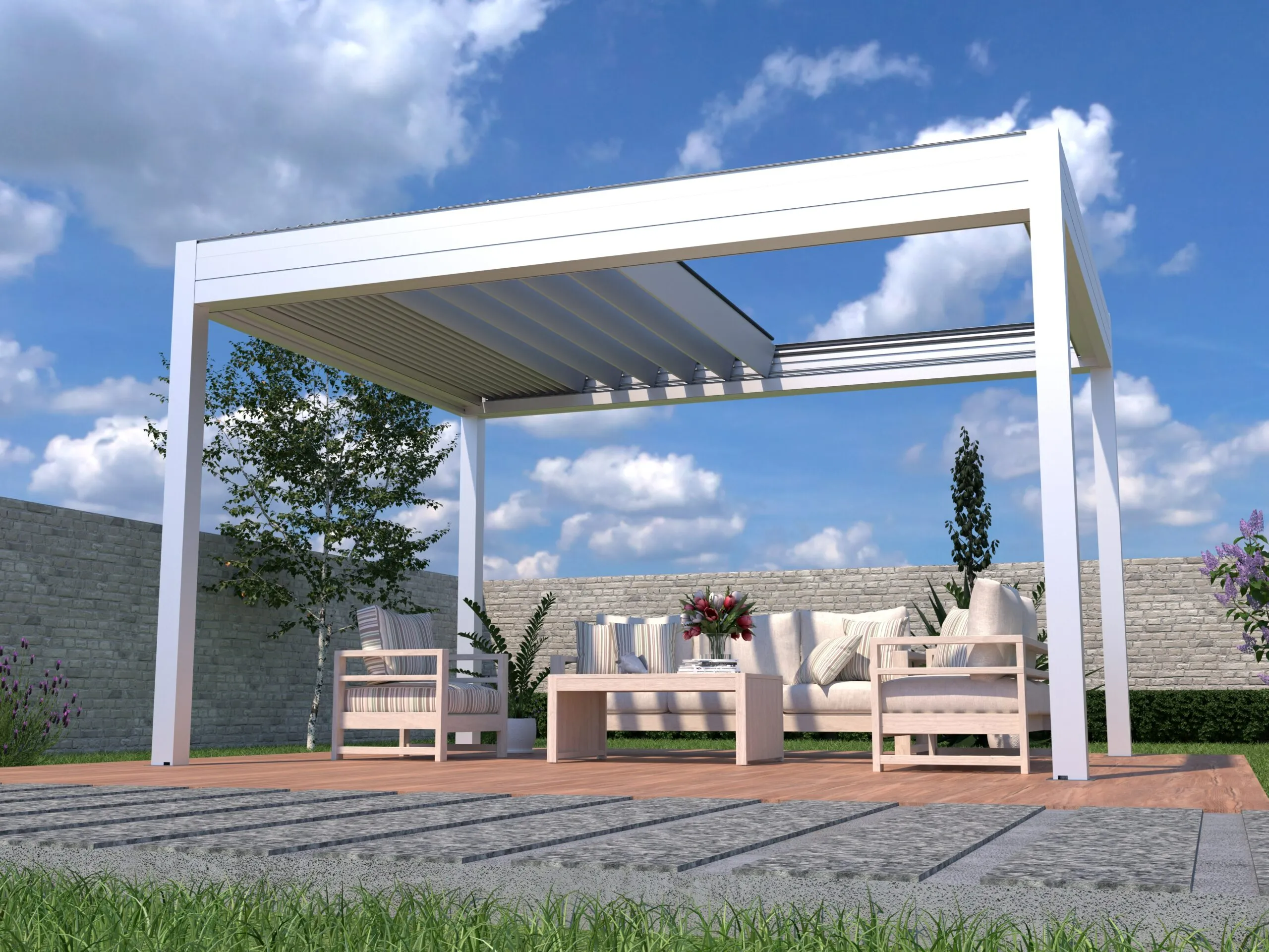 Retractable aluminum pergola-222R0-installed in the center of the courtyard