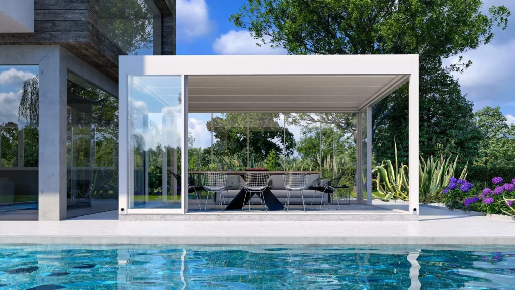 The 2015 series of white aluminum alloy pergola beside the swimming pool