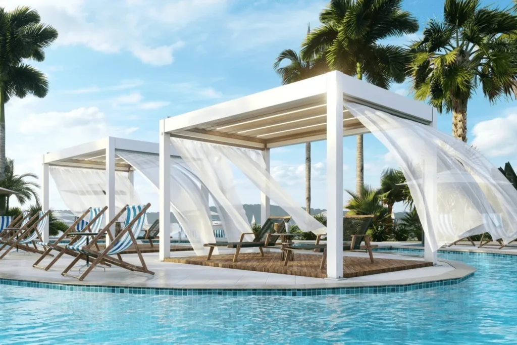 Two white aluminum pergolas in the center of the swimming pool