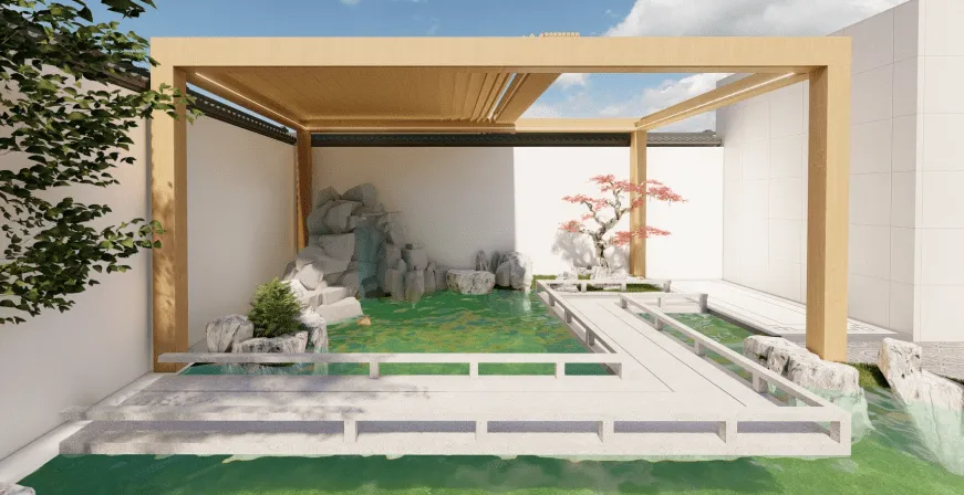 Wood Grain Color 2220 Series Retractable Pergola Effect Display