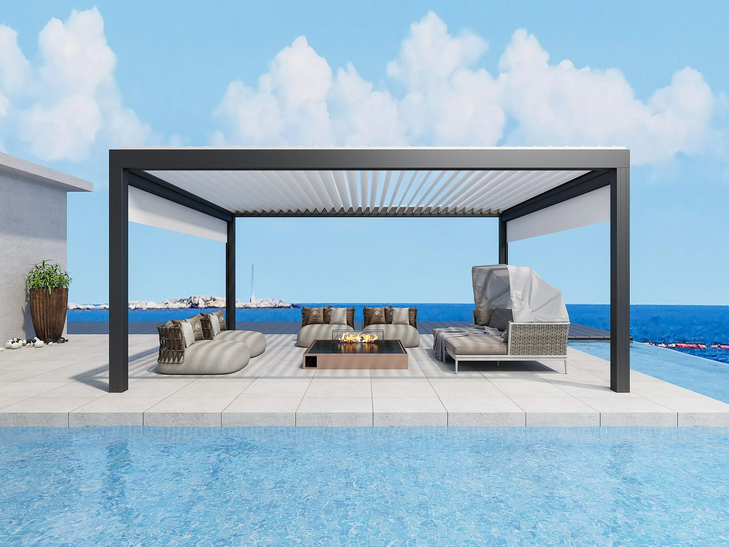 Pérgolas metálicas junto a la piscina