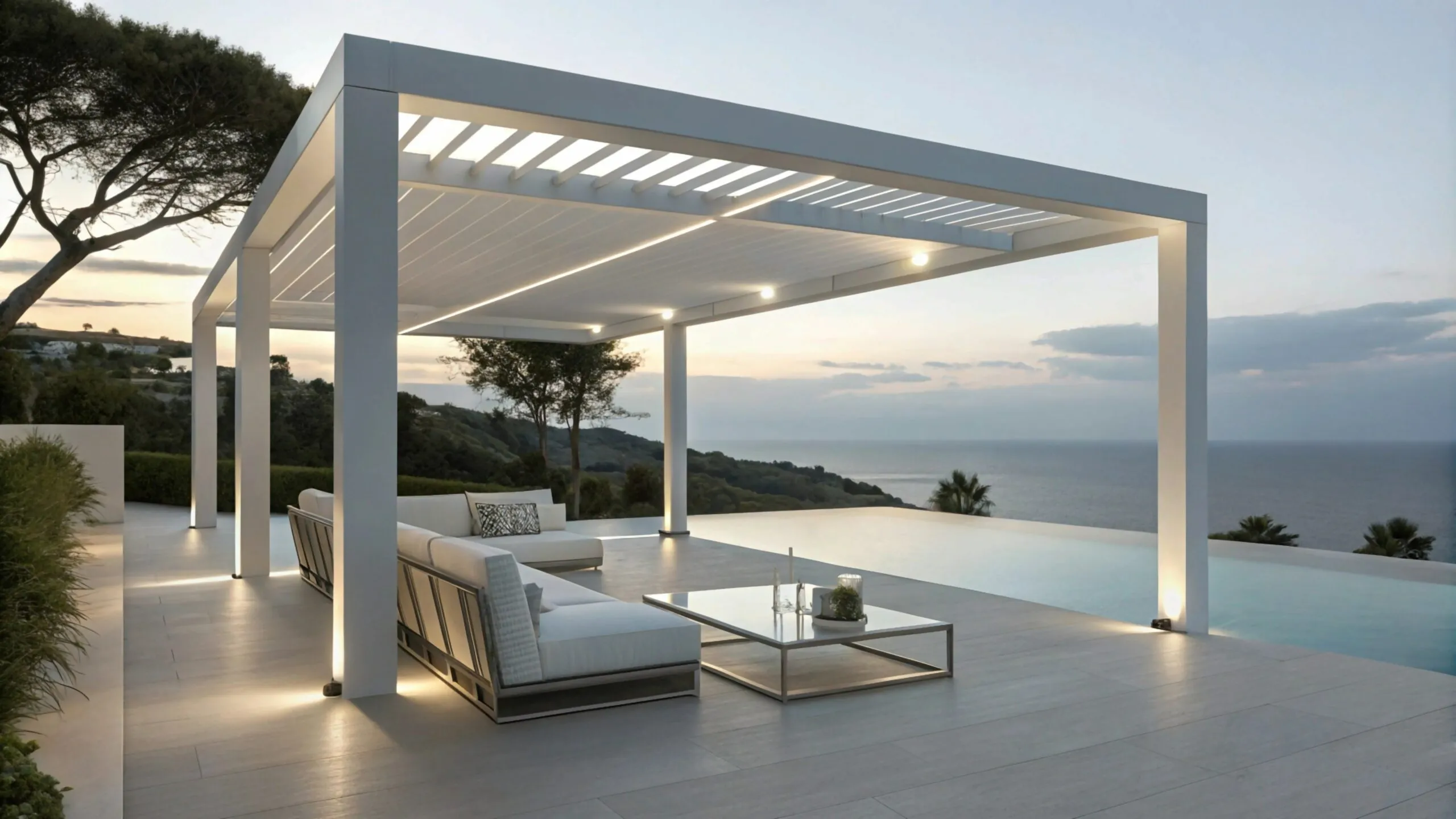 pérgola de aluminio elegante con un atractivo futurista, decoración exterior de lujo, diseño de pérgola innovador