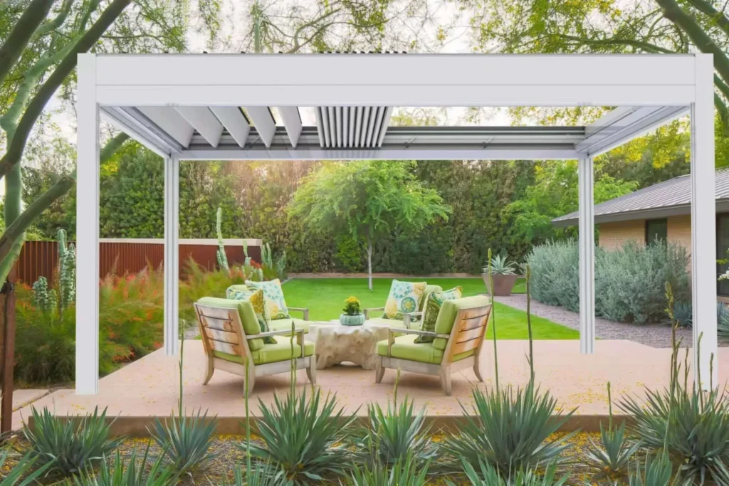 white aluminum pergola in the garden
