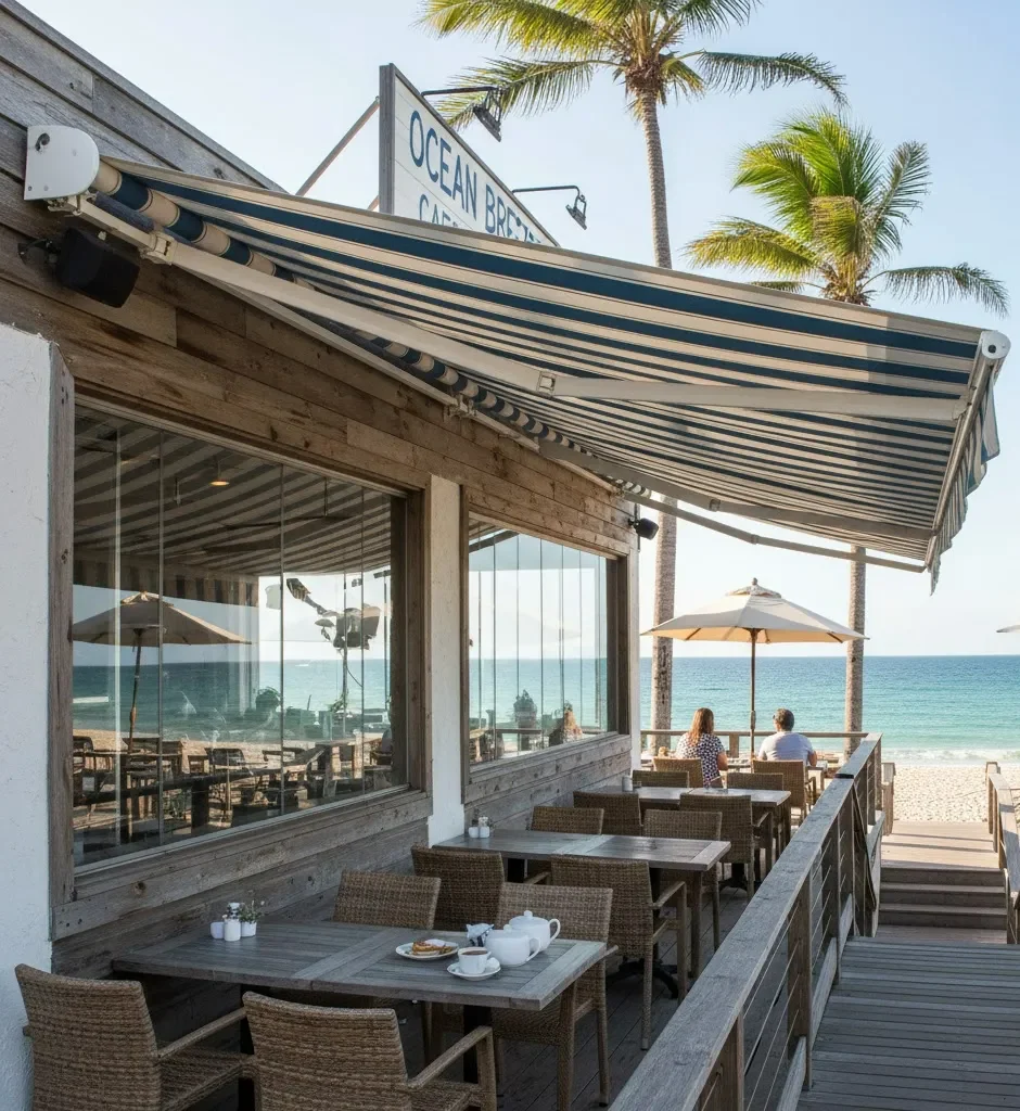 O guarda-sol do café à beira-mar
