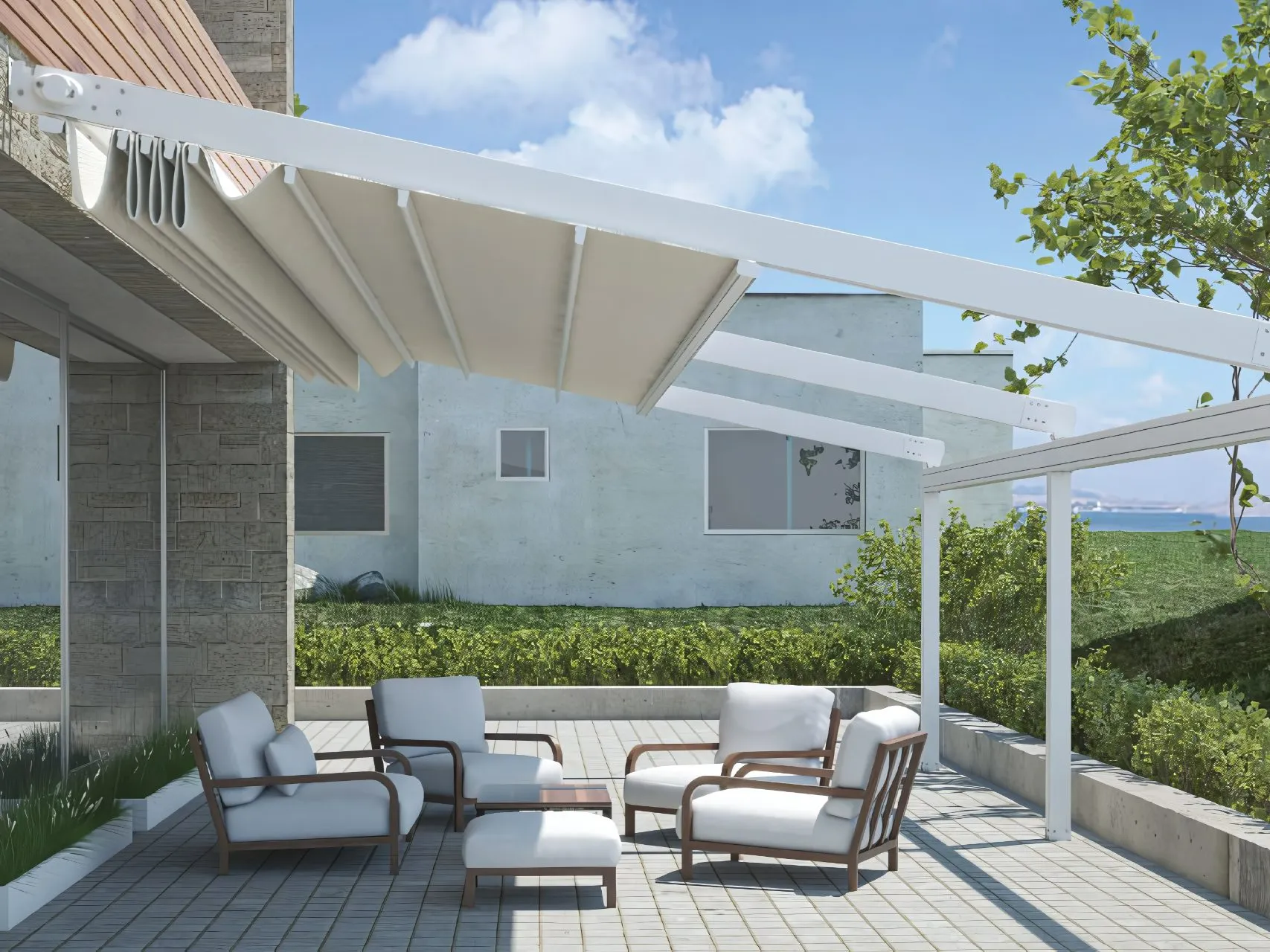 pérgola retráctil de PVC montada en la pared