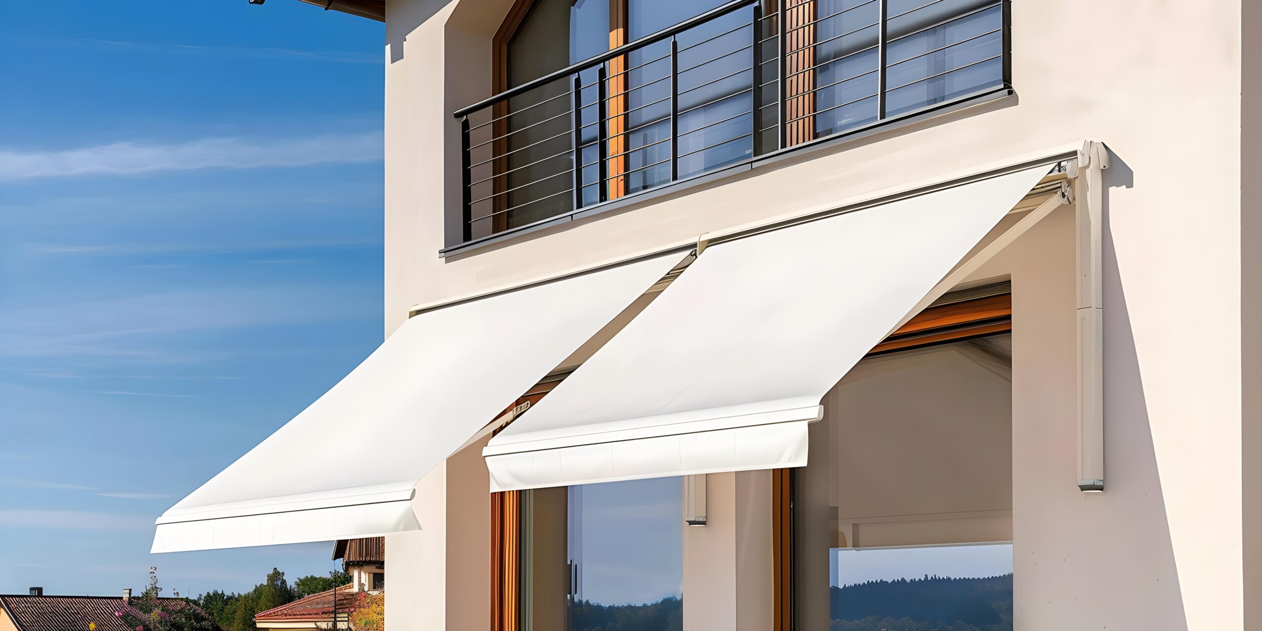 Tende da sole per la casa contemporanea, concetto di tocco esterno elegante, design per la casa, decorazioni per esterni, tende da sole, stile moderno, vita all'aperto