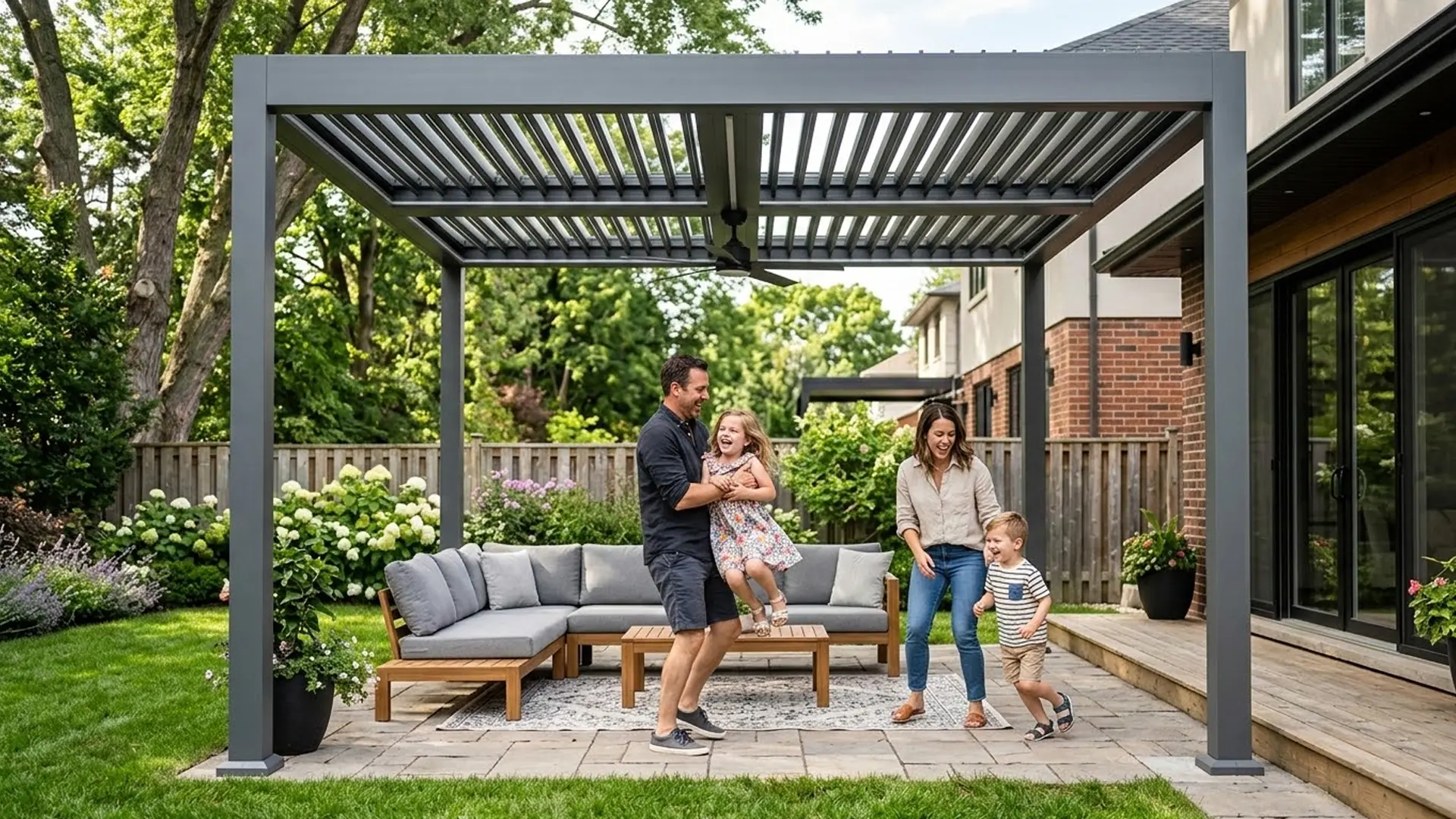 A family playing under an aluminum pergola. A family playing under an aluminum pergola.