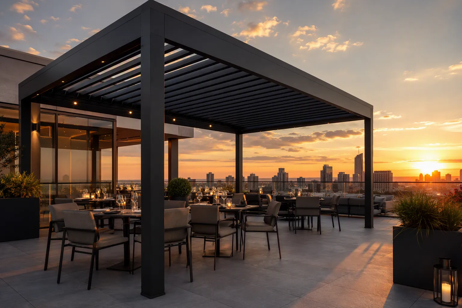Pergola motorisée de luxe en aluminium pour restaurant sur le toit d'un hôtel