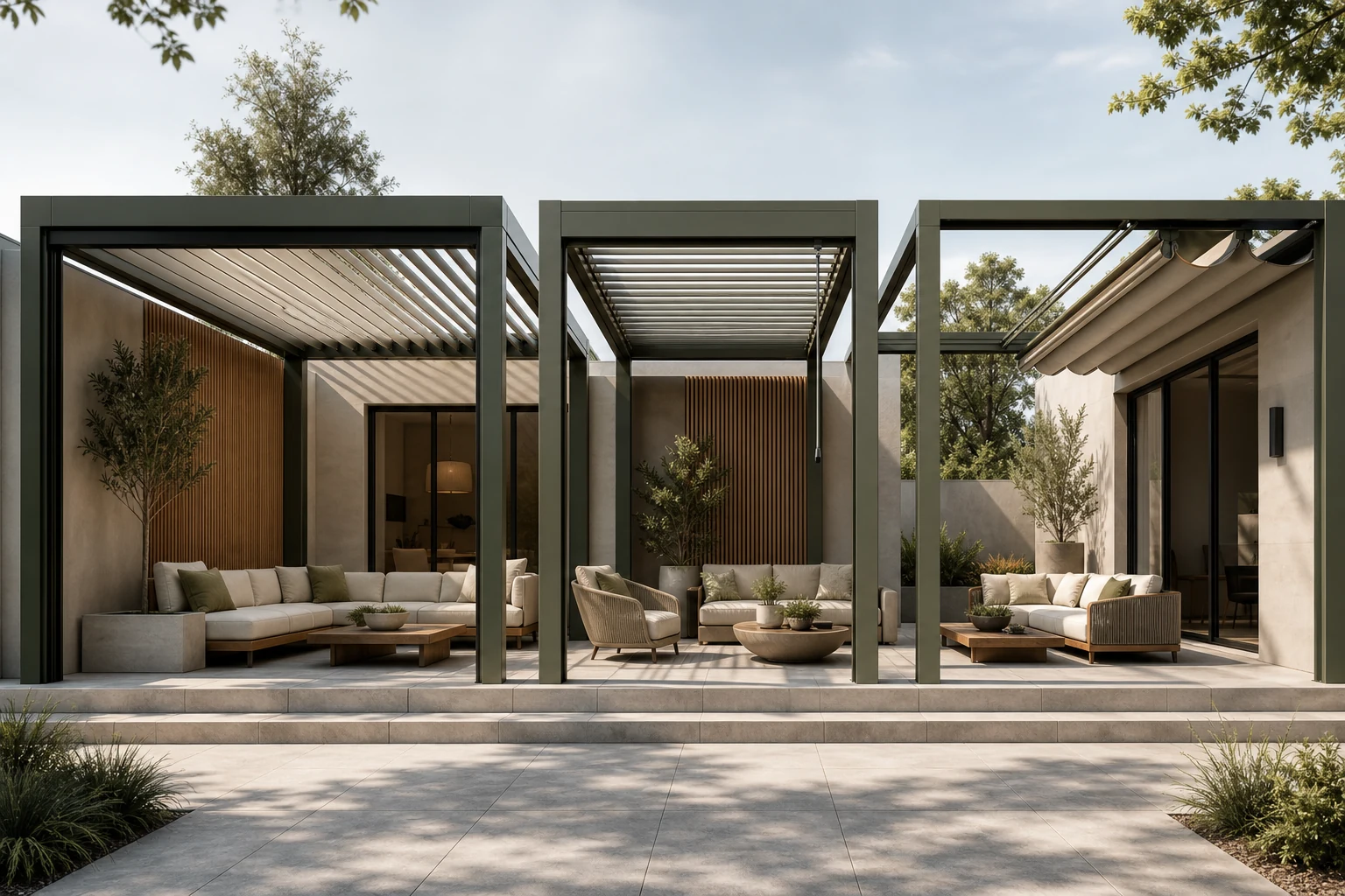 Pergole in alluminio disponibili per patio, giardino e terrazza rialzata.
