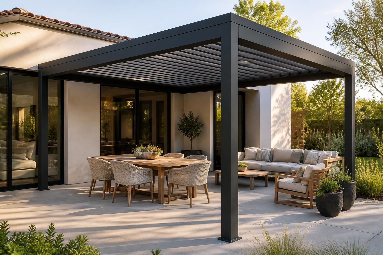 Pergola motorizzata in alluminio con lamelle, installata su un patio in cemento.