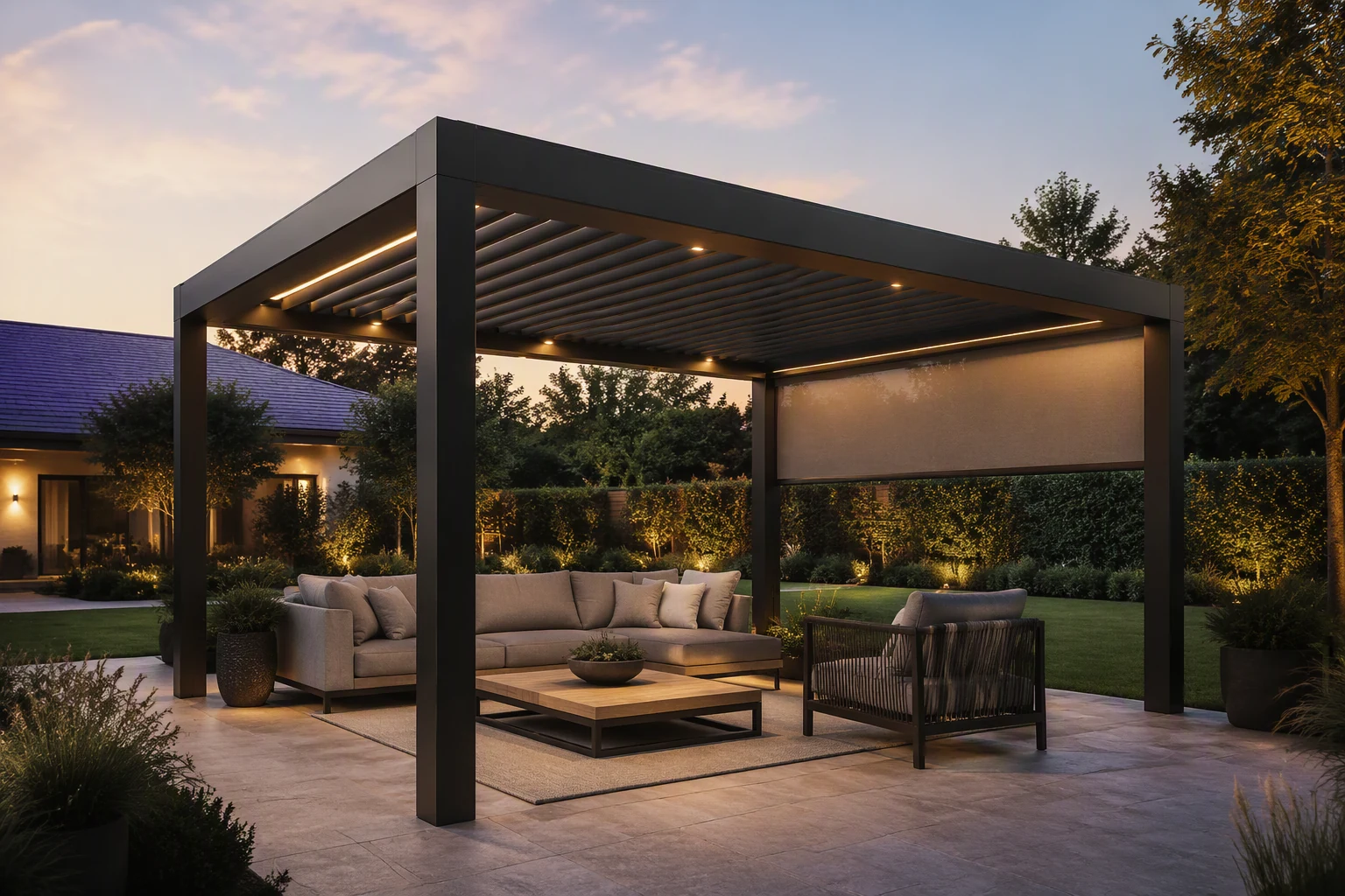 Pergola in alluminio autoportante e motorizzata, installata in un giardino paesaggistico.