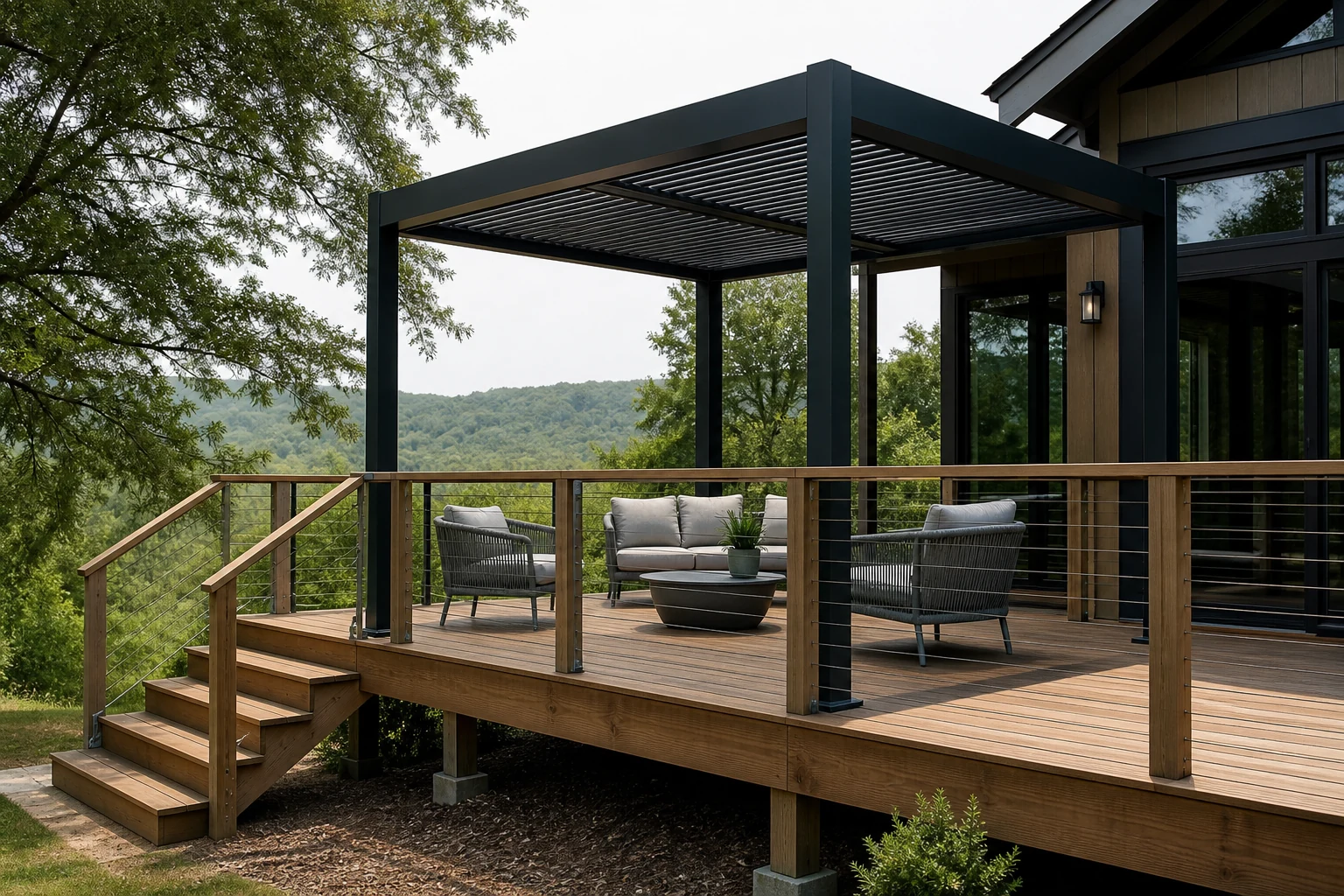 Pergola compatta in alluminio installata su una piattaforma rialzata in legno.