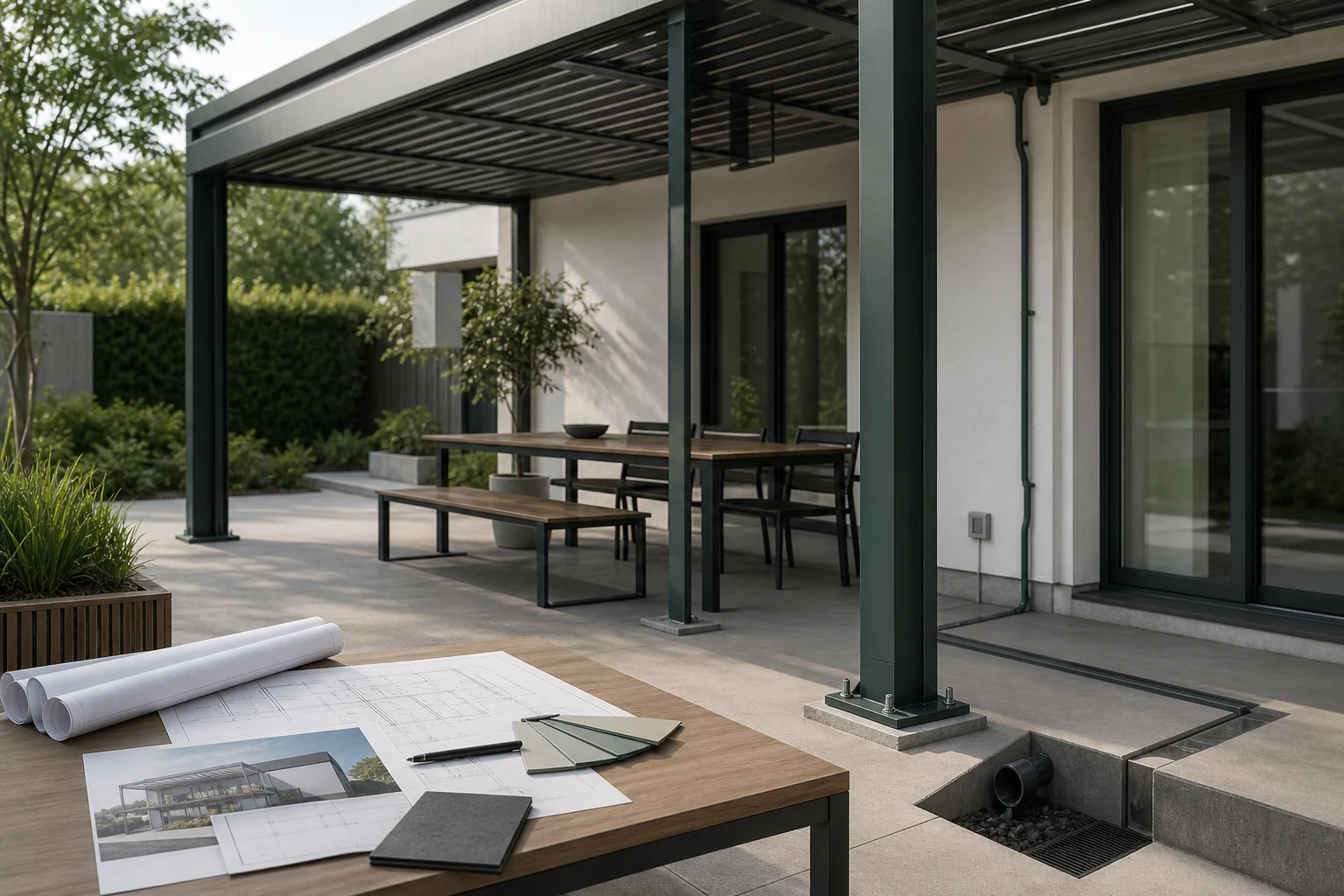 Progettazione dell'installazione di una pergola in alluminio con dettagli relativi ad ancoraggi dei pali, drenaggio e impianto elettrico.
