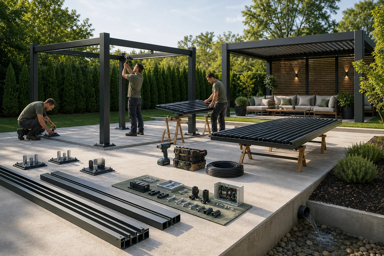 Sequenza di installazione a fasi di una pergola in alluminio, dalle fondamenta al tetto finito.
