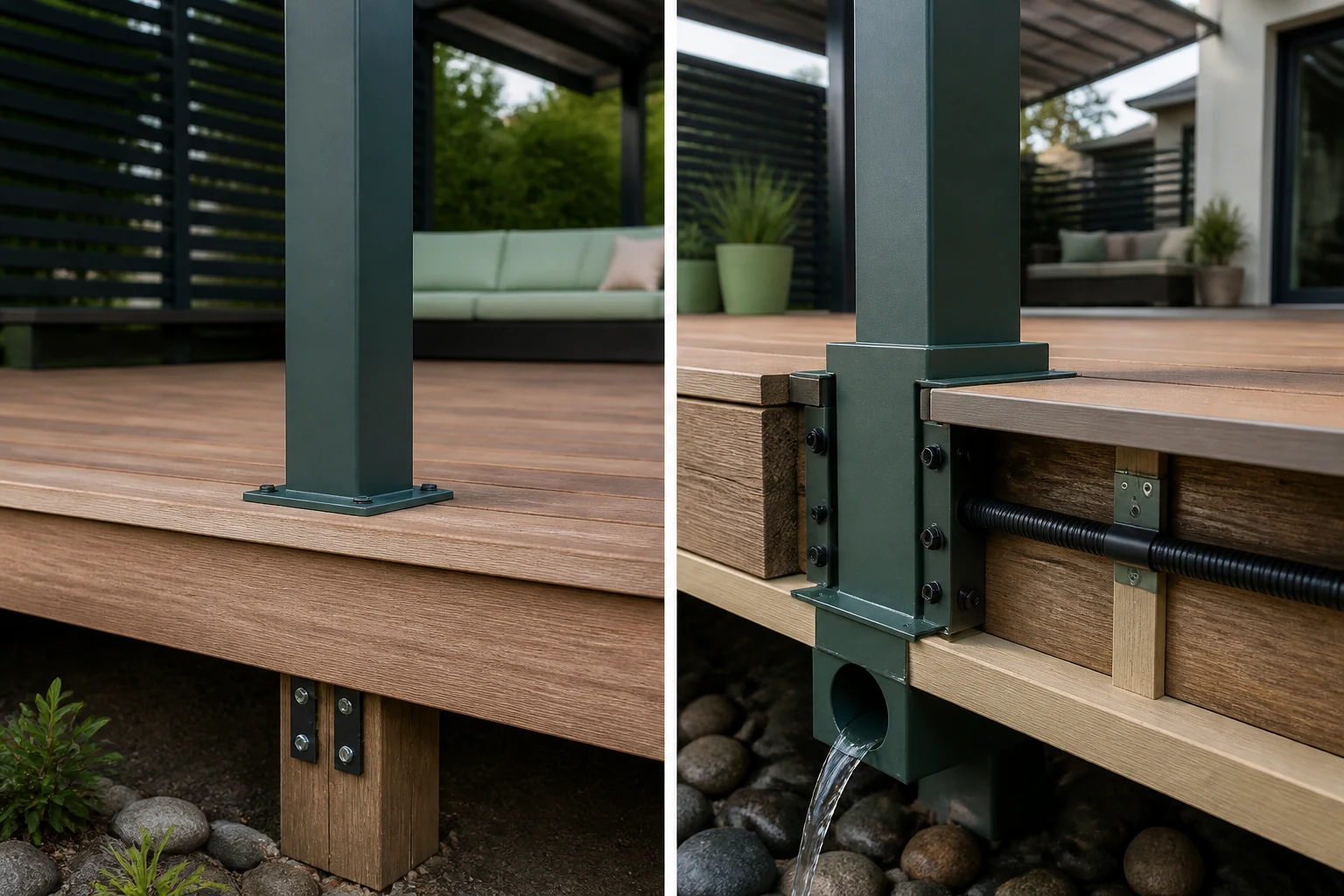 Confronto tra collegamenti errati e corretti per il piano di appoggio di una pergola in alluminio