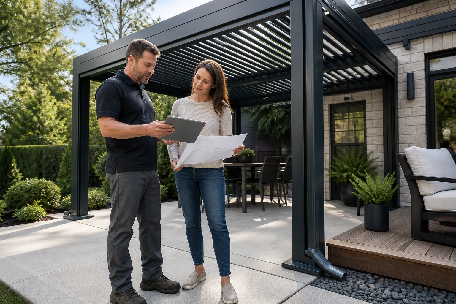 Consulenza ai proprietari di casa in merito a fondamenta, drenaggio e installazione di pergole in alluminio.